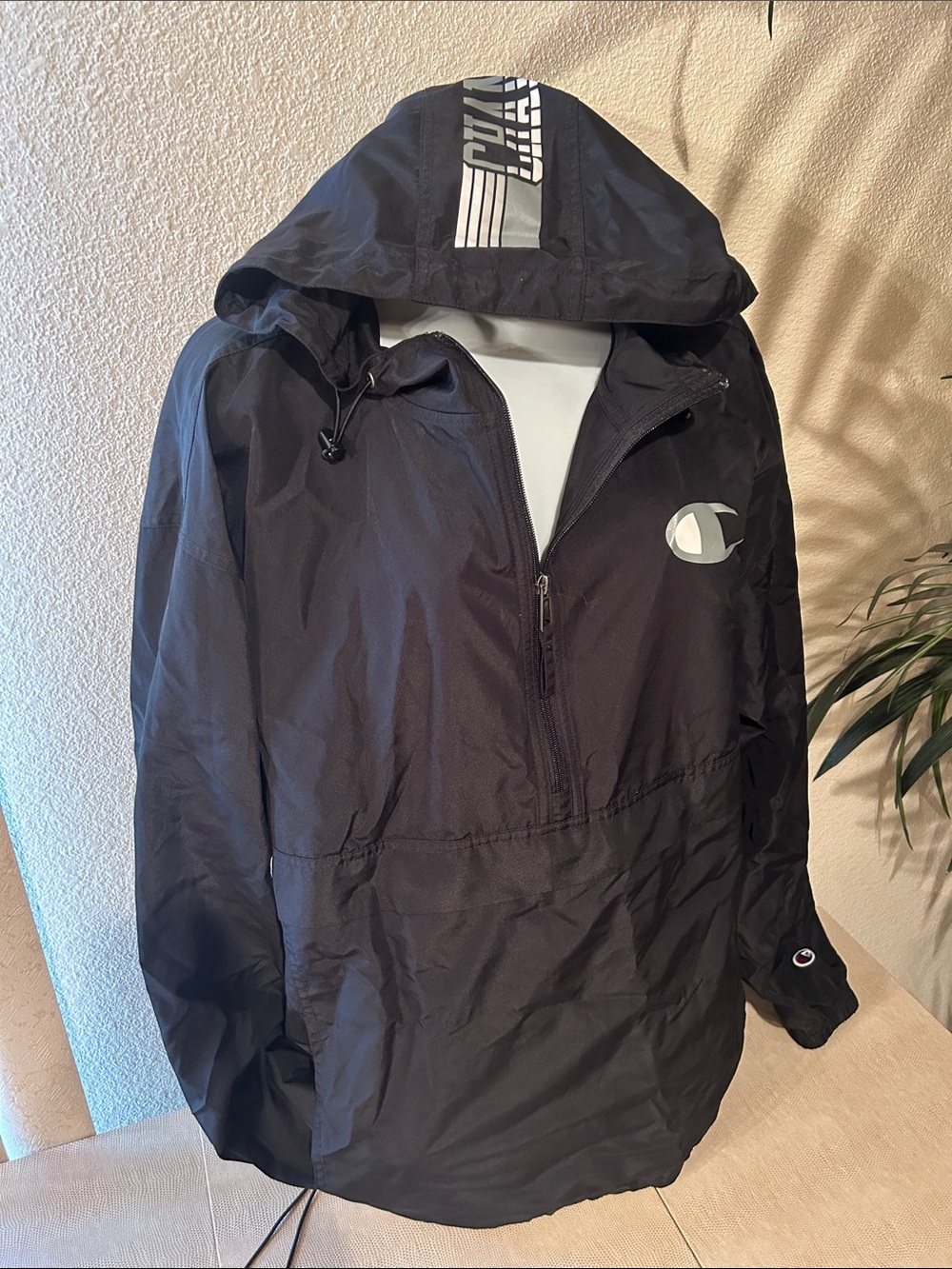 Champion Black Hooded Pullover Windbreaker with Logo